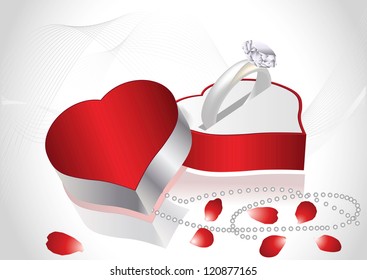 Diamond ring  petals of roses and gift box
