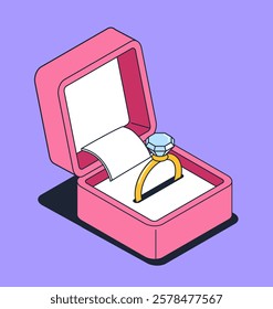 A diamond ring in a pink box with a receipt on a purple background. Modern flat design style. Concept of proposal, engagement, and love. Vector illustration