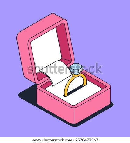 A diamond ring in a pink box with a receipt on a purple background. Modern flat design style. Concept of proposal, engagement, and love. Vector illustration