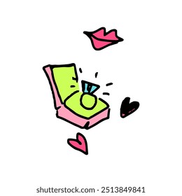 Diamond ring. precious jewelry, proposal, wedding concept. Colorful engagement or wedding ring, hearts and lips. Childish naive doodle design style, vector art.