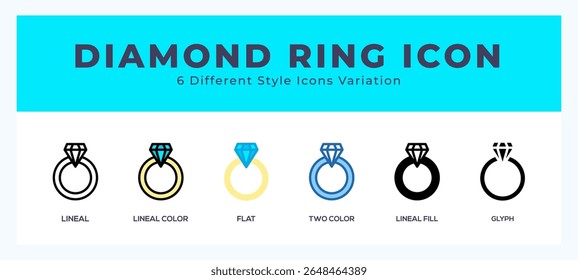 Diamond ring set of icons. Vector illustration with different styles.