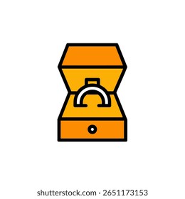 Diamond ring shines inside bright orange jewelry box display
