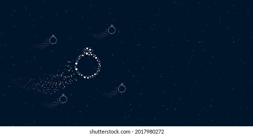 A diamond ring symbol filled with dots flies through the stars leaving a trail behind. There are four small symbols around. Vector illustration on dark blue background with stars