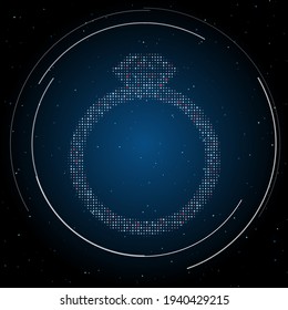Das Symbol des Diamantrings ist mit weißen Punkten gefüllt. Pointillismus-Stil. Einige Punkte sind rot. Vektorgrafik auf blauem Hintergrund mit Sternen
