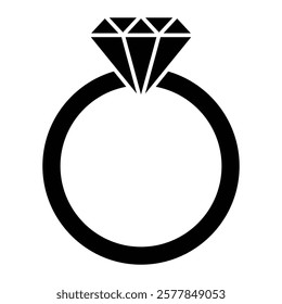 Diamond ring vector icon. Engagement and wedding jewelry illustration. Black silhouette isolated on white background.
