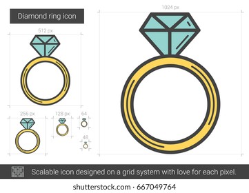 Diamond ring vector line icon isolated on white background. Diamond ring line icon for infographic, website or app. Scalable icon designed on a grid system.