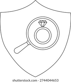 A diamond ring is viewed through a magnifying glass set against a shield backdrop