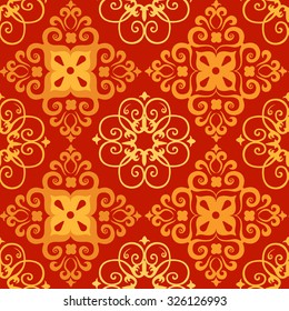 Diamond and rosettes, red seamless pattern, vector design