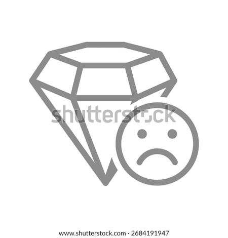 Diamond with sad expression line icon. Lose diamond investment, emotional loss, regret, or decreased value symbol. Vector illustration
