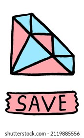 Diamond with Sale inscription. isolated. Design elements for stickers, postcards, banners. Pink and blue color. Black stroke. Simple modern style. Doodle. Vector illustration.