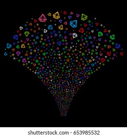 Diamond salute stream. Vector illustration style is flat bright multicolored iconic symbols on a black background. Object source fountain done from random pictograms.