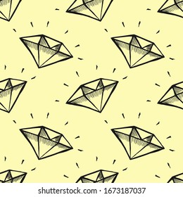 Patrón de doodle sin fisuras de diamante en un fondo amarillo. Ilustración gráfica vectorial hecha a mano.