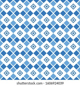 Diamond seamless geometric pattern. Decorative dark and light blue mosaic diamonds on isolated white background. Design for fabric, rug, carpet, tapis, wallpaper, textile, background. 