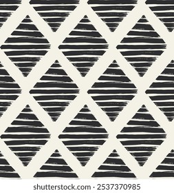 Diamond seamless pattern with black brush strokes on a light beige background. Modern and textured.