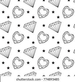Diamond seamless pattern, line, sketch, doodle style. Modern trendy endless background with jewelry. Gems repetitive texture. Gemstone wallpaper, backdrop, paper. Vector illustration