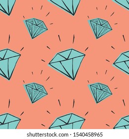 Diamond seamless pattern on a pink background. Colored hand drawn vector doodle illustration.