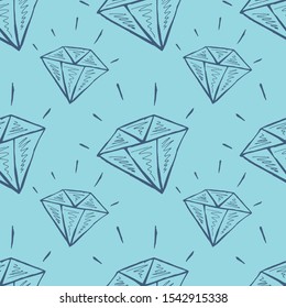 Diamond seamless pattern on a turquoise background. Hand drawn outline vector doodle illustration.