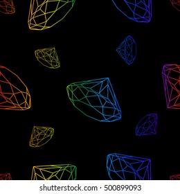 Diamond seamless pattern with rainbow color . Endless texture for your design, romantic greeting cards, announcements, fabrics. On black backgrounds.