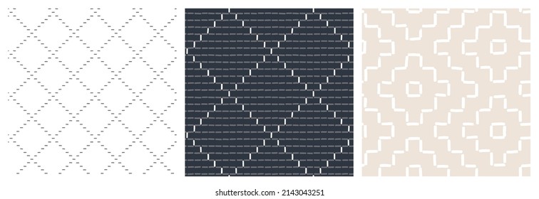 Diamond seamless pattern set. Neutral colours masculine fashion textile vector design based on sashiko Japanese embroidery technic.