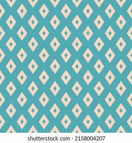 Diamond seamless pattern. Vector geometric ornament with small perforated rhombuses. Abstract graphic texture. Retro vintage style. Turquoise and beige color. Simple minimal background. Repeat design