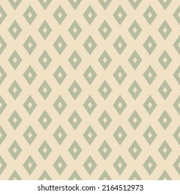 Diamond seamless pattern. Vector geometric ornament with small perforated rhombuses. Abstract graphic texture. Retro vintage style. Muted green and beige color. Simple minimal background geo design