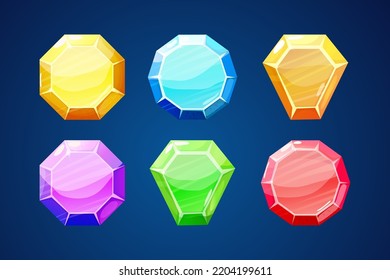 Diamond set in different colors, gemstone jewel in cartoon style isolated on white background. Collection crystals. Ui game asset.