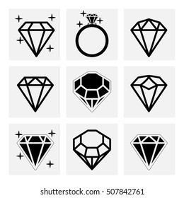 Diamond set icon. Vector Illustration. Shiny crystal sign. Brilliant stone. Black stroke isolated on white background. Fashion modern design. Flat element. Symbol gift, jewel, gem or royal, rich.