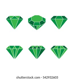 Diamond set icon. Vector Illustration. Shiny crystal sign. Brilliant stone. Green crystal isolated on white background. Fashion modern design. Flat element. Symbol gift, jewel, gem or royal, rich.