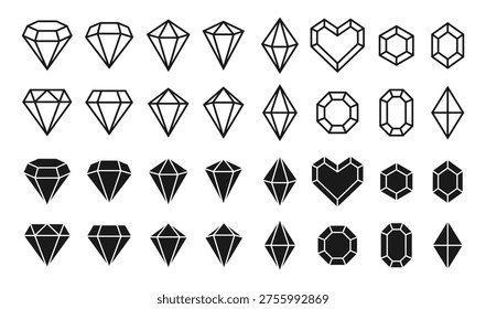 Diamond shape collection. Crystal and emerald gem icon set. Gemstone and jewel sign. Luxury logo symbol. Vector illustration image.