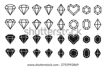 Diamond shape collection. Crystal and emerald gem icon set. Gemstone and jewel sign. Luxury logo symbol. Vector illustration image.