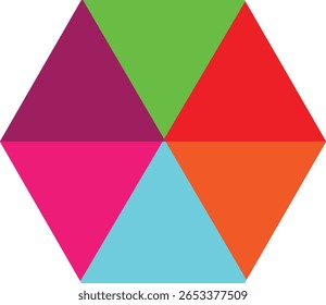 A diamond shape composed of six vibrant color triangles red green pink purple orange and blue creates a bold geometric abstract background
