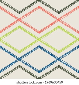 Diamond shape doodle grid seamless vector pattern background. Modern hand drawn irregular lines grunge horizontal criss cross backdrop. Rhombus linear geometric all over print for packaging