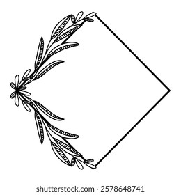 diamond shape frame with floral arrangement lineart. Simple diamond floral frame outline.