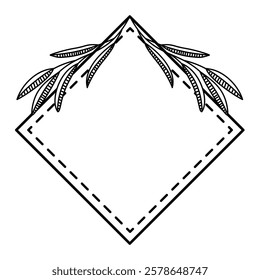 diamond shape frame with floral arrangement lineart. Simple diamond floral frame outline.