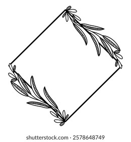 diamond shape frame with floral arrangement lineart. Simple diamond floral frame outline.