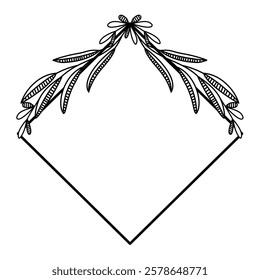 diamond shape frame with floral arrangement lineart. Simple diamond floral frame outline.