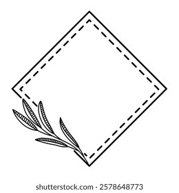 diamond shape frame with floral arrangement lineart. Simple diamond floral frame outline.