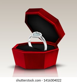 Diamond In Shape Of Heart Form On Ring Vector. Romantic Present Gift In Red Box For Loving Woman Ring With Engraved Gemstone On Anniversary Wedding Day. Jewelry Accessory Realistic 3d Illustration