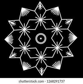 Diamond Shape, Lines and Spirals - Rangoli, Alpona or Paisley Vector Line art with Dark Background