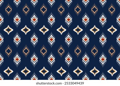 Diamond shape on blue background seamless pattern , ikat fabric pattern, digital file download