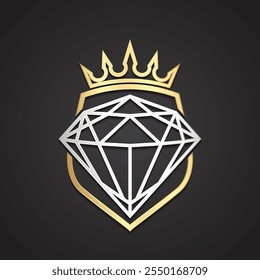 diamond shape with shield and crown 3d gold silver metal illustration logo