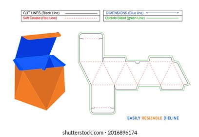 Diamond Shape tuck end 8 face Box Die Cut or ideline Template side angled 8 face box