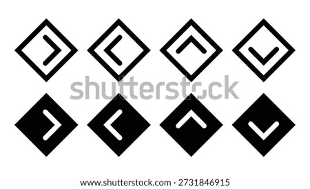 Diamond Shape UI UX Arrow Icons Set for Up Down Left Right Navigation Cursor in Black and White