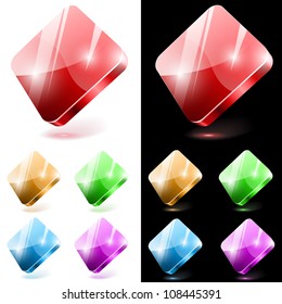 Botones web de vidrio 3D con forma de diamante aislados sobre fondo blanco y negro.