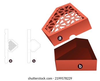 Diamond shaped box with stenciled pattern lid die cut template and 3D mockup