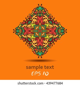 Diamond shaped element for an Oriental-style design. Stamped diamond on a simple background. Floral design in turquoise and orange shades. Delicious oriental pattern with floral elements.