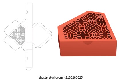 Diamond shaped flip box with stenciled pattern die cut template and 3D mockup