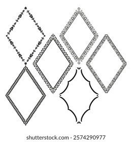 Diamond shaped frames. Ornamental vector elements. Black and white pattern. Decorative frame set.