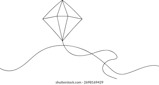 Diamond shaped kite with flowing string flying
