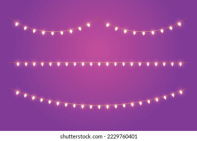 Diamond shaped light buntings on purple background. Merry Christmas Greeting card. Happy new year. Xmas Holiday poster vector illustration.